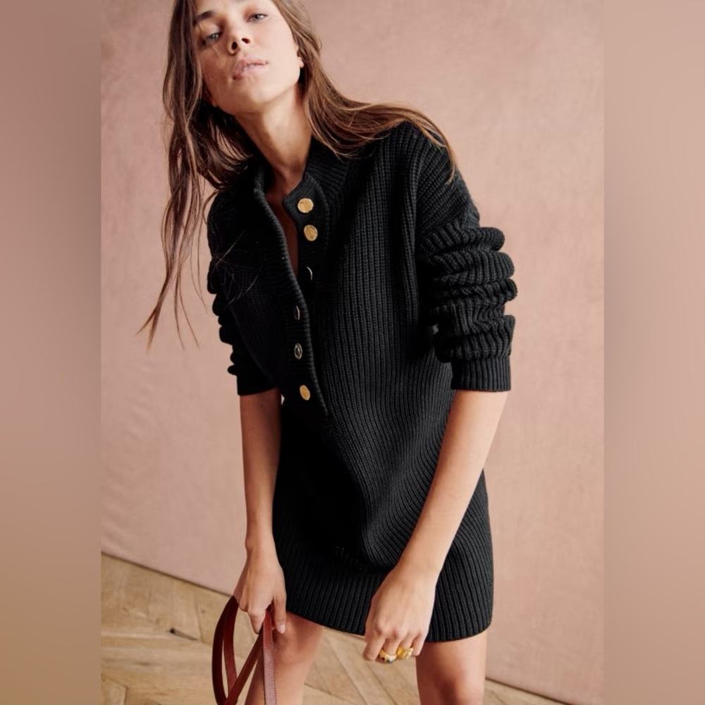 Sezane ‘Luan’ Black Long Sleeve Ribbed Sweater Dress with Gold Buttons S